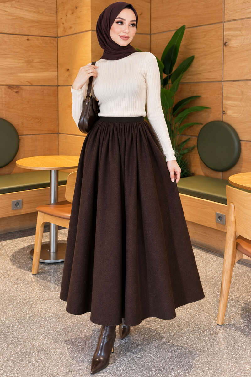 Elastic Waist Plaid Hem Edge Skirt Dark Brown – Image 2