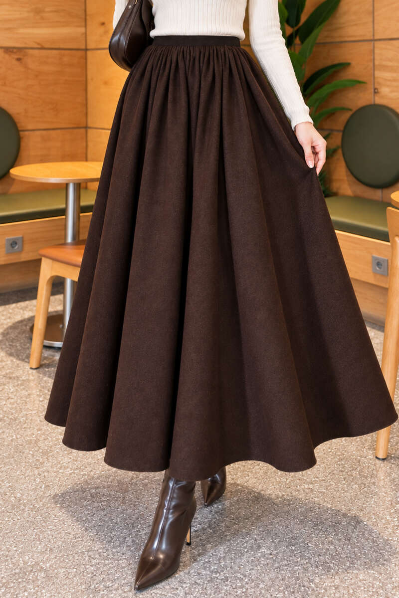 Elastic Waist Plaid Hem Edge Skirt Dark Brown – Image 3