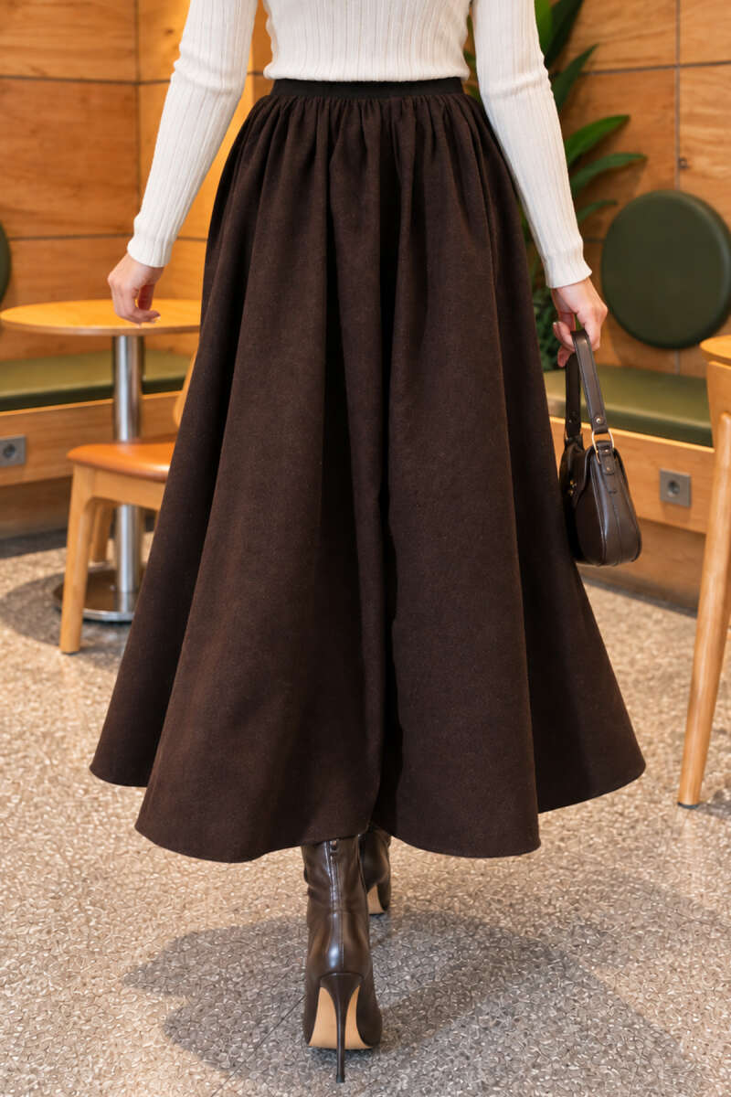 Elastic Waist Plaid Hem Edge Skirt Dark Brown – Image 4