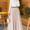 ⁦Elastic Waist Plaid Hem Edge Skirt Beige⁩ - الصورة ⁦2⁩