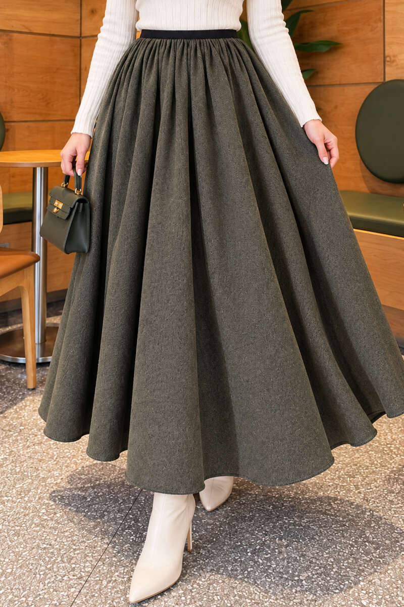 Elastic Waist Plaid Hem Edge Skirt Khaki