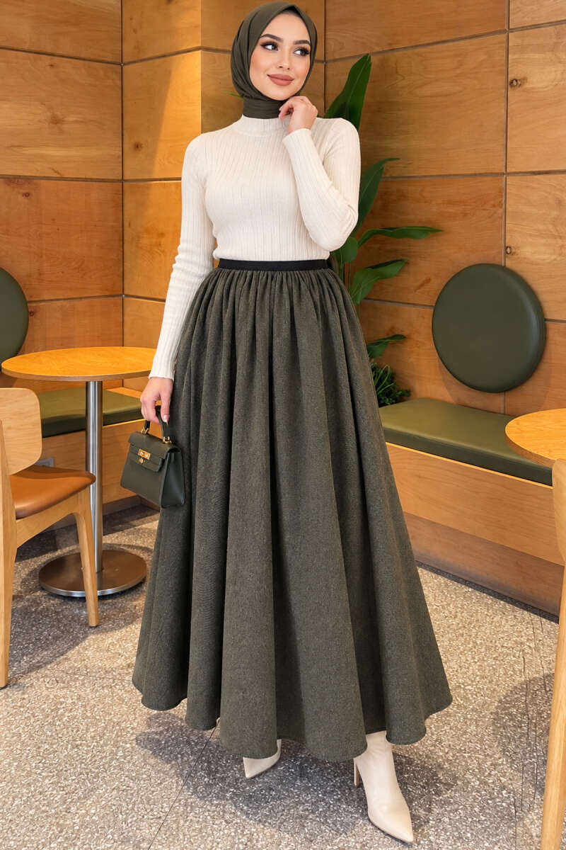 Elastic Waist Plaid Hem Edge Skirt Khaki - Imagen 2
