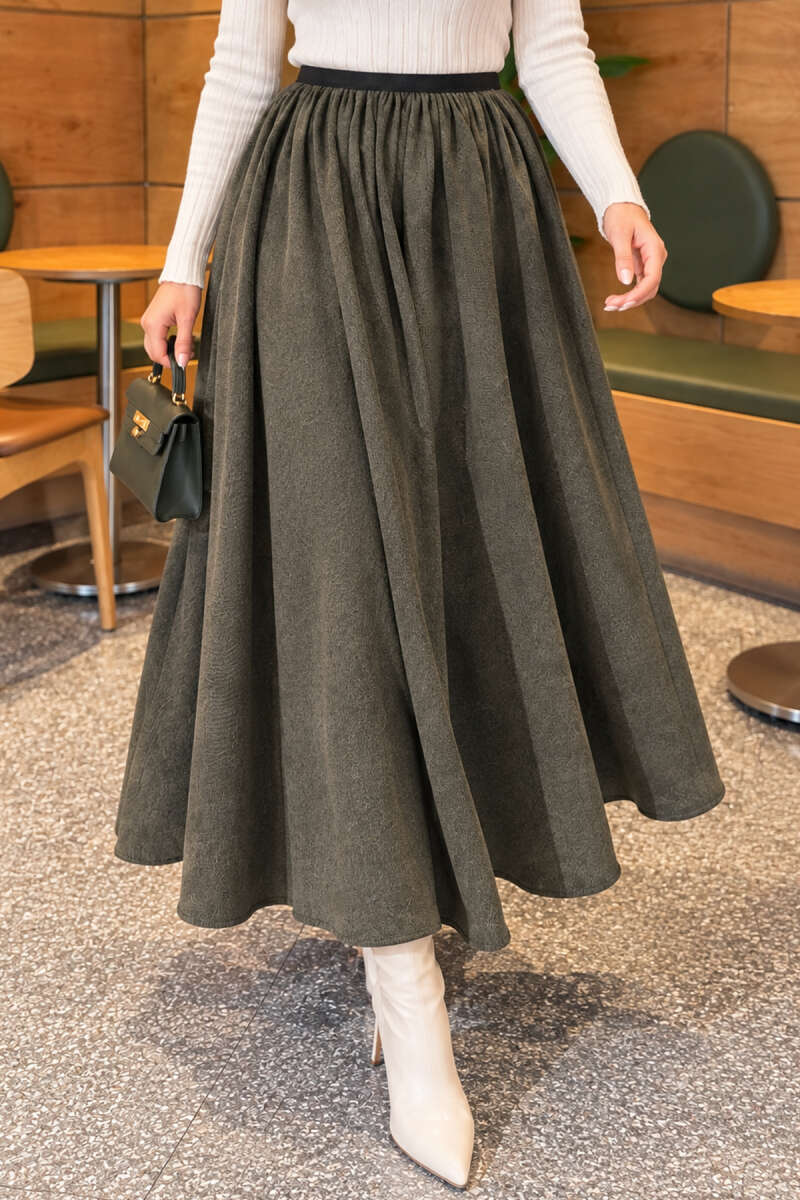 Elastic Waist Plaid Hem Edge Skirt Khaki - Imagen 3