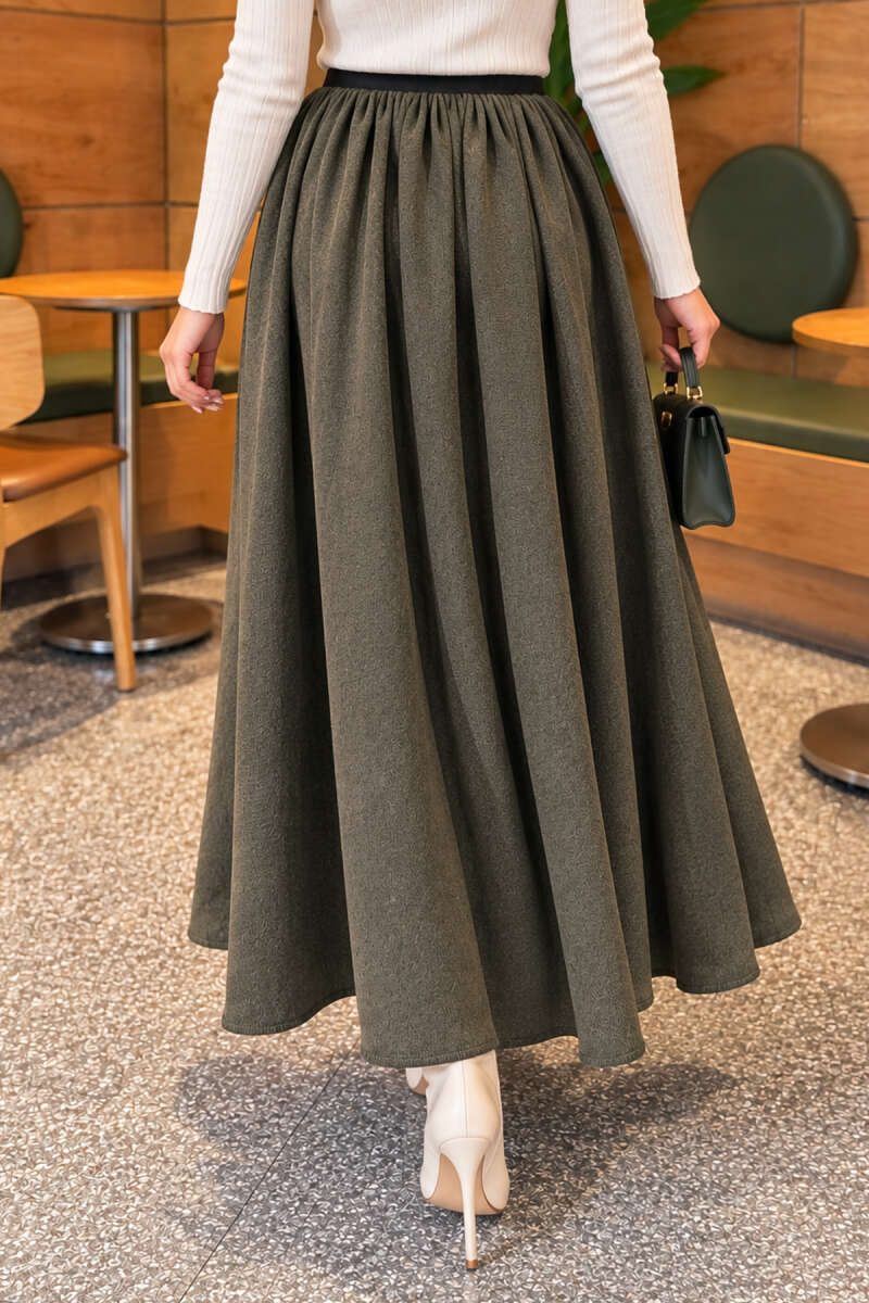 Elastic Waist Plaid Hem Edge Skirt Khaki - Imagen 4