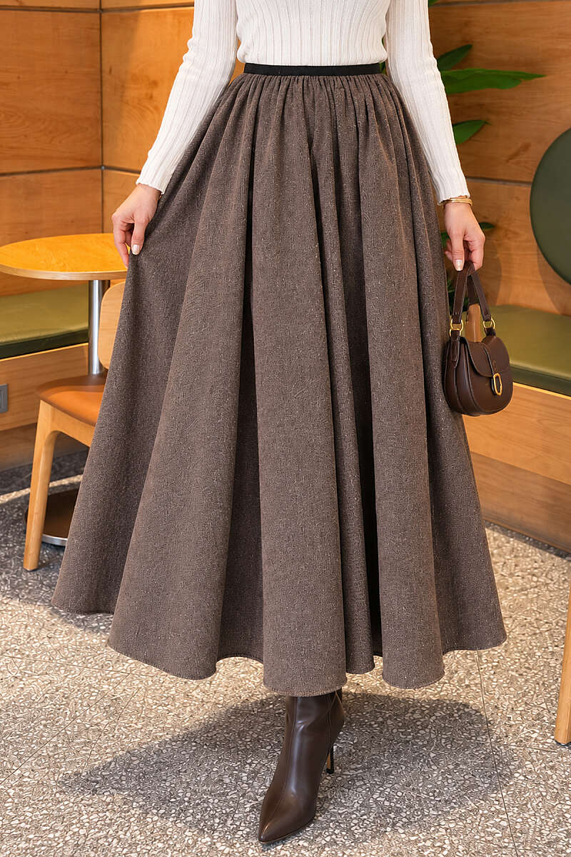 Elastic Waist Plaid Hem Edge Skirt Mink