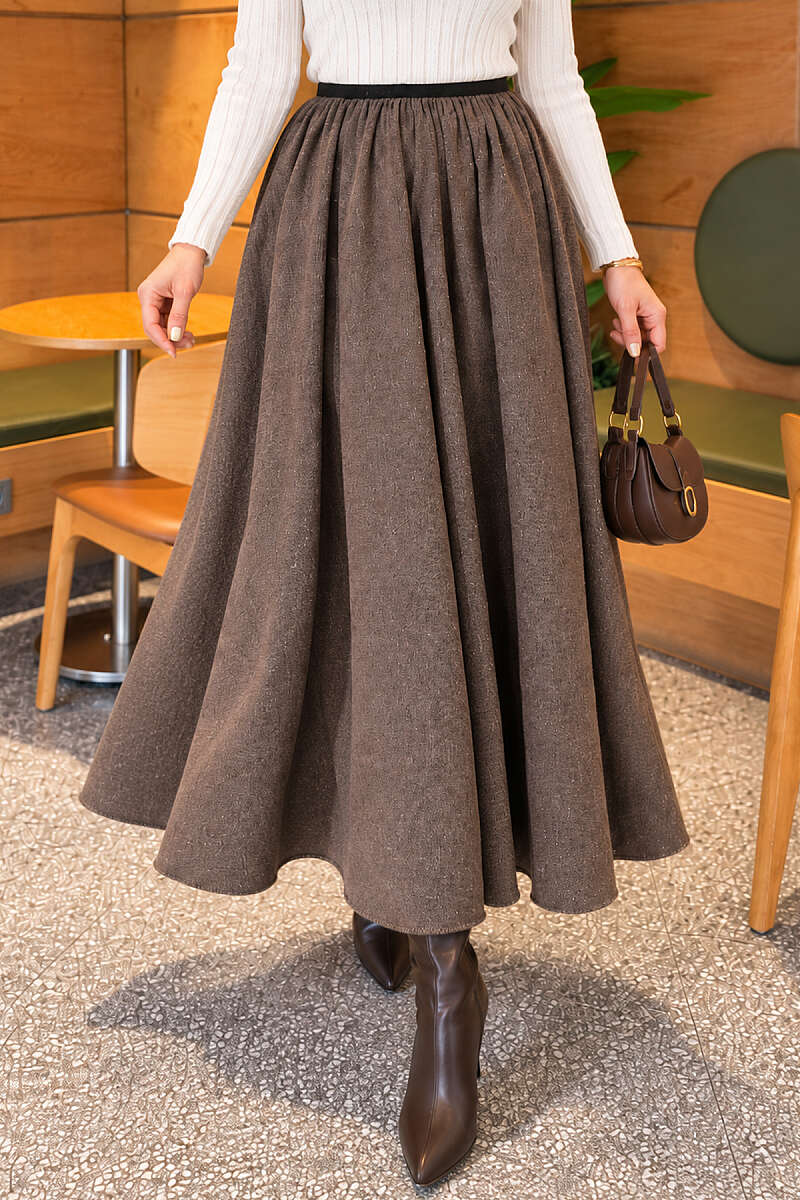 Elastic Waist Plaid Hem Edge Skirt Mink - الصورة 3