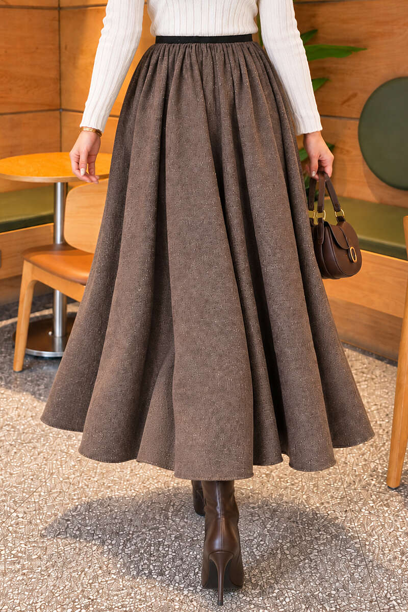 Elastic Waist Plaid Hem Edge Skirt Mink - الصورة 4