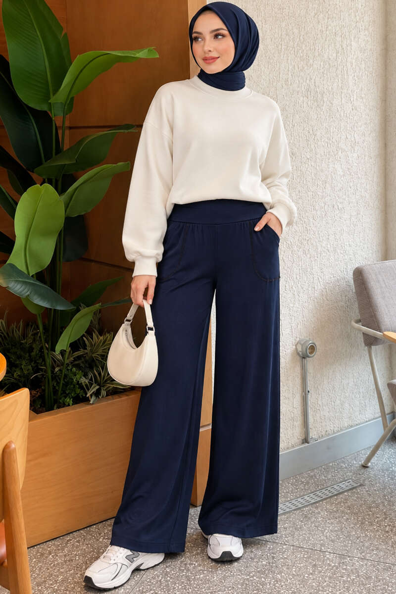 Elastic-Waist Relaxed Fit Jogger Pants Navy Blue - الصورة 2