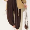 Elastic Waistband Drawstring Trousers Brown