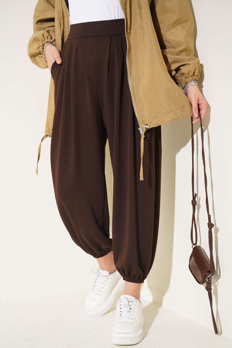 Elastic Waistband Drawstring Trousers Brown