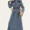 Belted French Terry Knit Dress with Zipper and Denim Construction Denim Blue