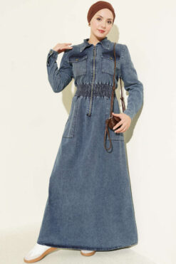 Belted French Terry Knit Dress with Zipper and Denim Construction Denim Blue