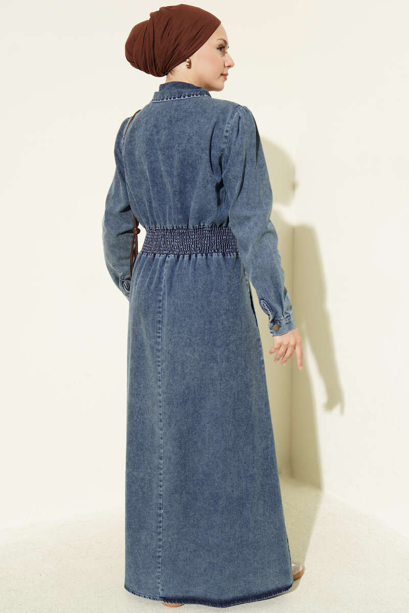 Belted French Terry Knit Dress with Zipper and Denim Construction Denim Blue – Bild 3