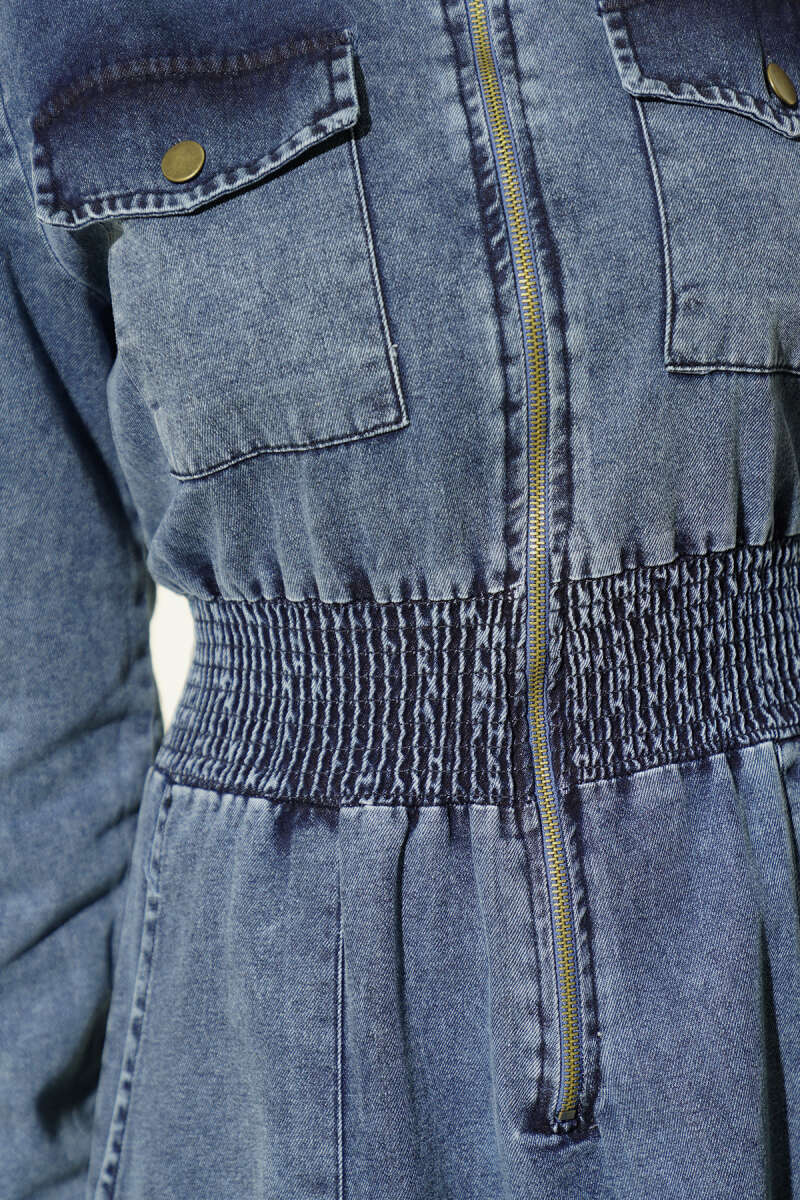 Belted French Terry Knit Dress with Zipper and Denim Construction Denim Blue – Bild 4
