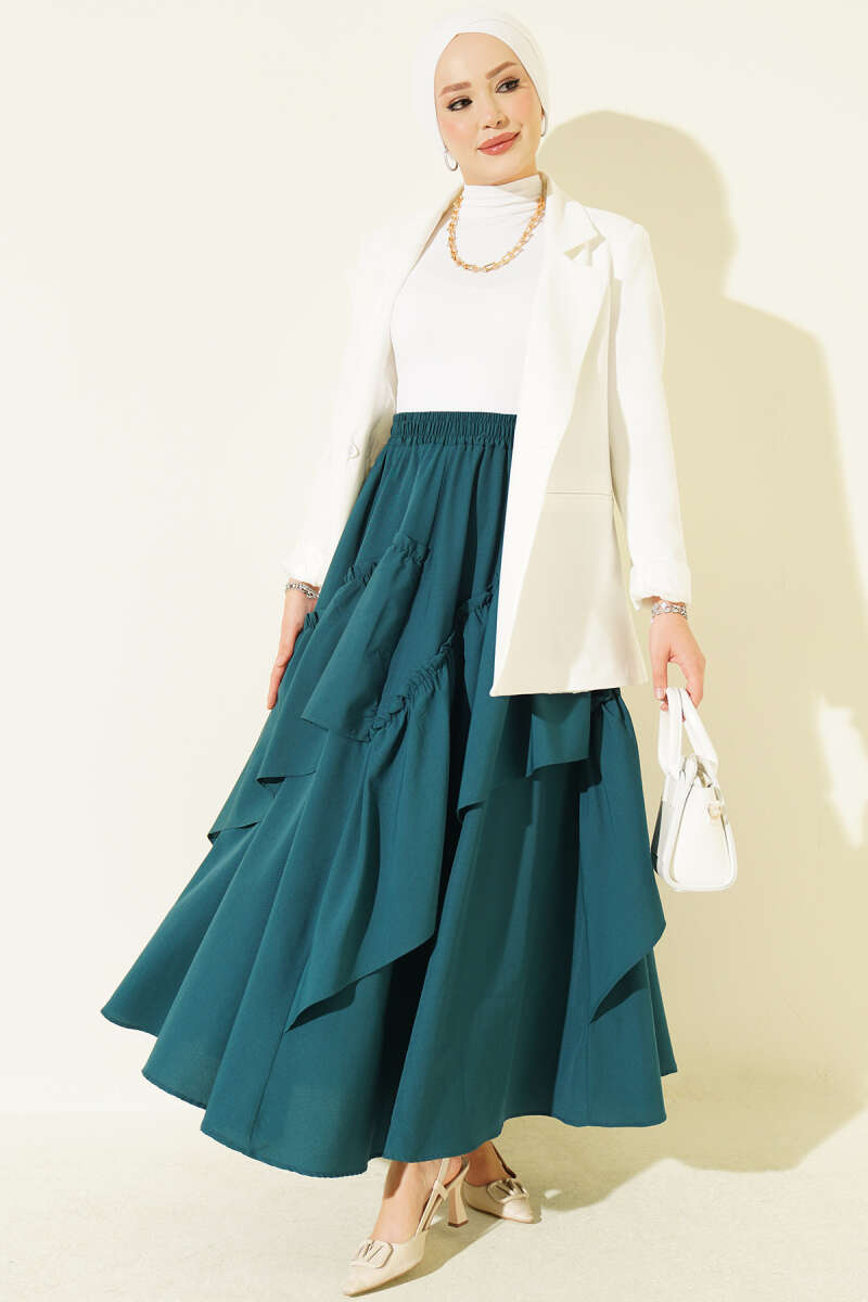 Gathered Hem Edge Skirt with Elastic Waistband Petrol - immagine 2