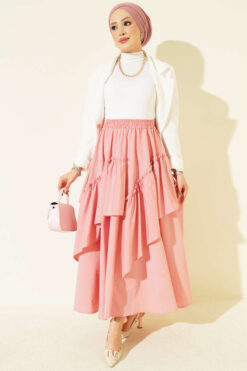 Alternative view of Gathered Hem Edge Skirt with Elastic Waistband Powder Pink