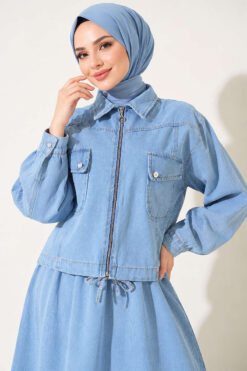 Alternative view of Elastic Waistband Denim Jacket with Vest Set Light Blue