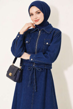 Alternative view of Elastic Waistband Denim Jacket with Vest Set Navy Blue
