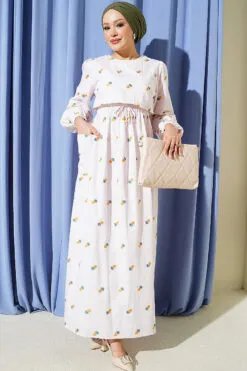 Pineapple Patterned Dress with Elastic Waistband and Striped Design Yellow