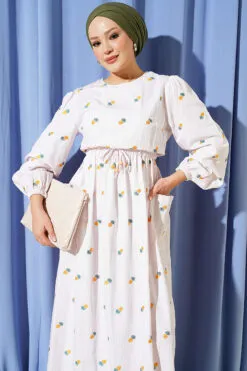 Alternative view of Pineapple Patterned Dress with Elastic Waistband and Striped Design Yellow