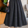 Elastic Waist Plaid Hem Edge Skirt Navy Blue