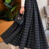 Elastic Waist Plaid Hem Edge Skirt Navy Blue - Afbeelding 4