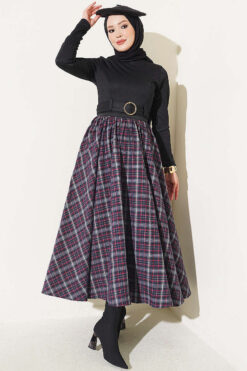 Alternative view of Elastic Waist Plaid Hem Edge Skirt Burgundy
