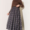 Elastic Waist Plaid Hem Edge Skirt Coffee Brown – Image 2