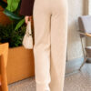 Elastic Waist Ribbed French Terry Pants Beige - Imagen 3