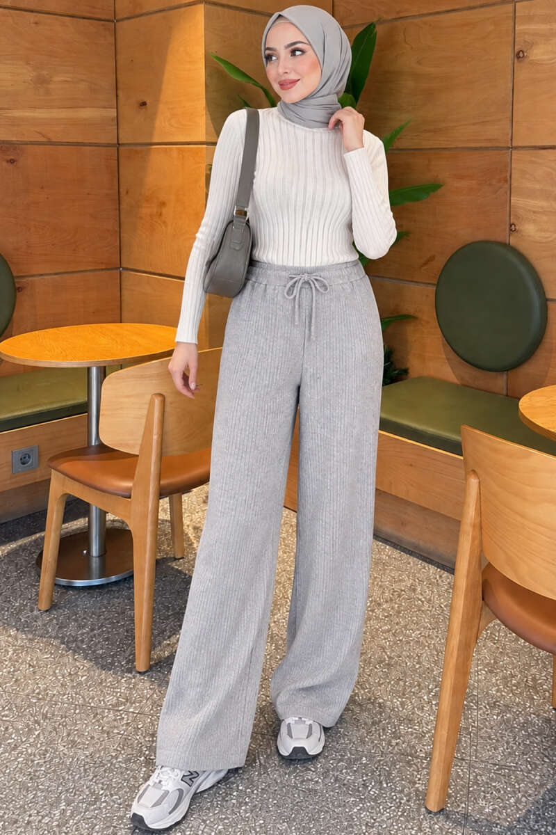 Elastic Waist Ribbed French Terry Pants Grey – Bild 2