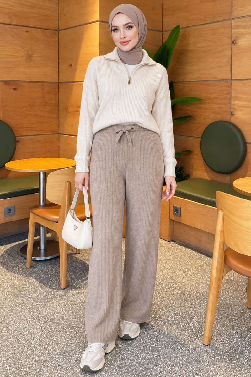 Elastic Waist Ribbed French Terry Pants Mink – Bild 2