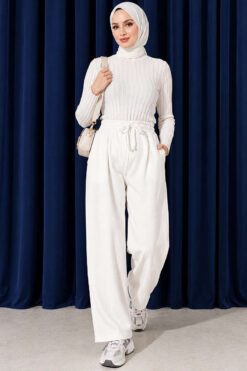 Alternative view of Elastic Waist Ribbed Loose Fit Trousers Ecru