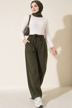 Alternative view of Elastic Waist Ribbed Loose Fit Trousers Khaki