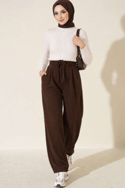 Alternative view of Elastic Waist Ribbed Loose Fit Trousers Brown