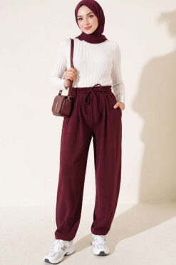 Alternative view of Elastic Waist Ribbed Loose Fit Trousers Plum