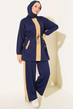 Alternative view of Elastic Waistband Hem-Edge French Terry Two-Piece Set Navy Blue