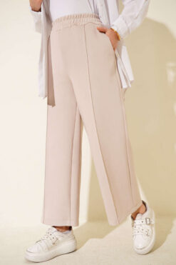 Wide Leg Scuba Trousers with Elastic Waistband Beige