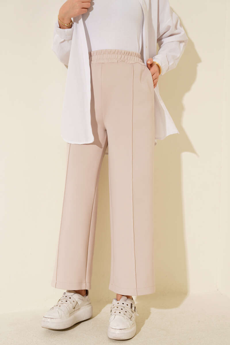 Wide Leg Scuba Trousers with Elastic Waistband Beige – Bild 2