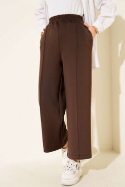 Wide Leg Scuba Trousers with Elastic Waistband Brown