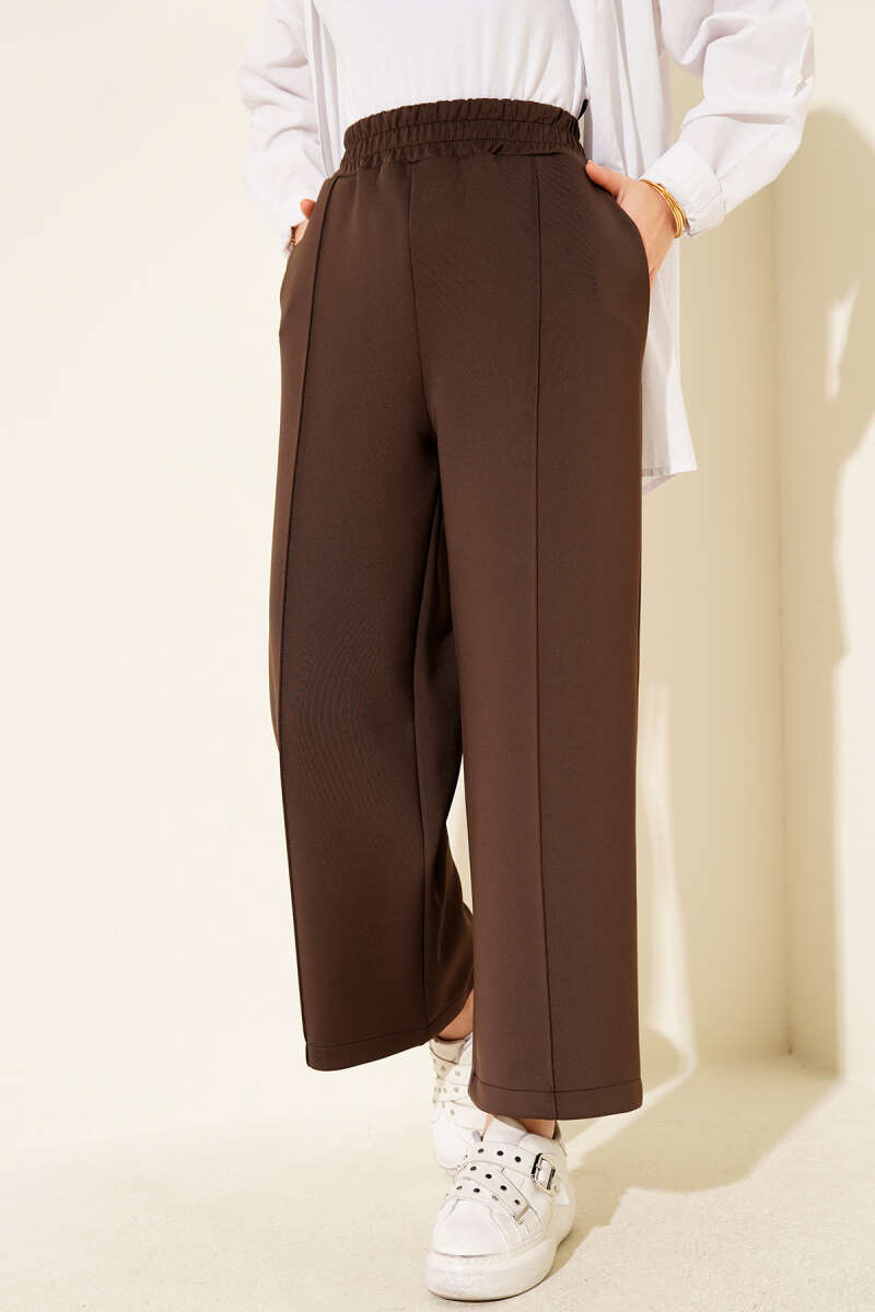 Wide Leg Scuba Trousers with Elastic Waistband Brown