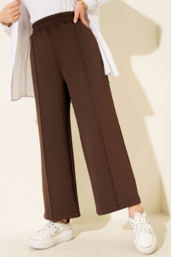 Alternative view of Wide Leg Scuba Trousers with Elastic Waistband Brown