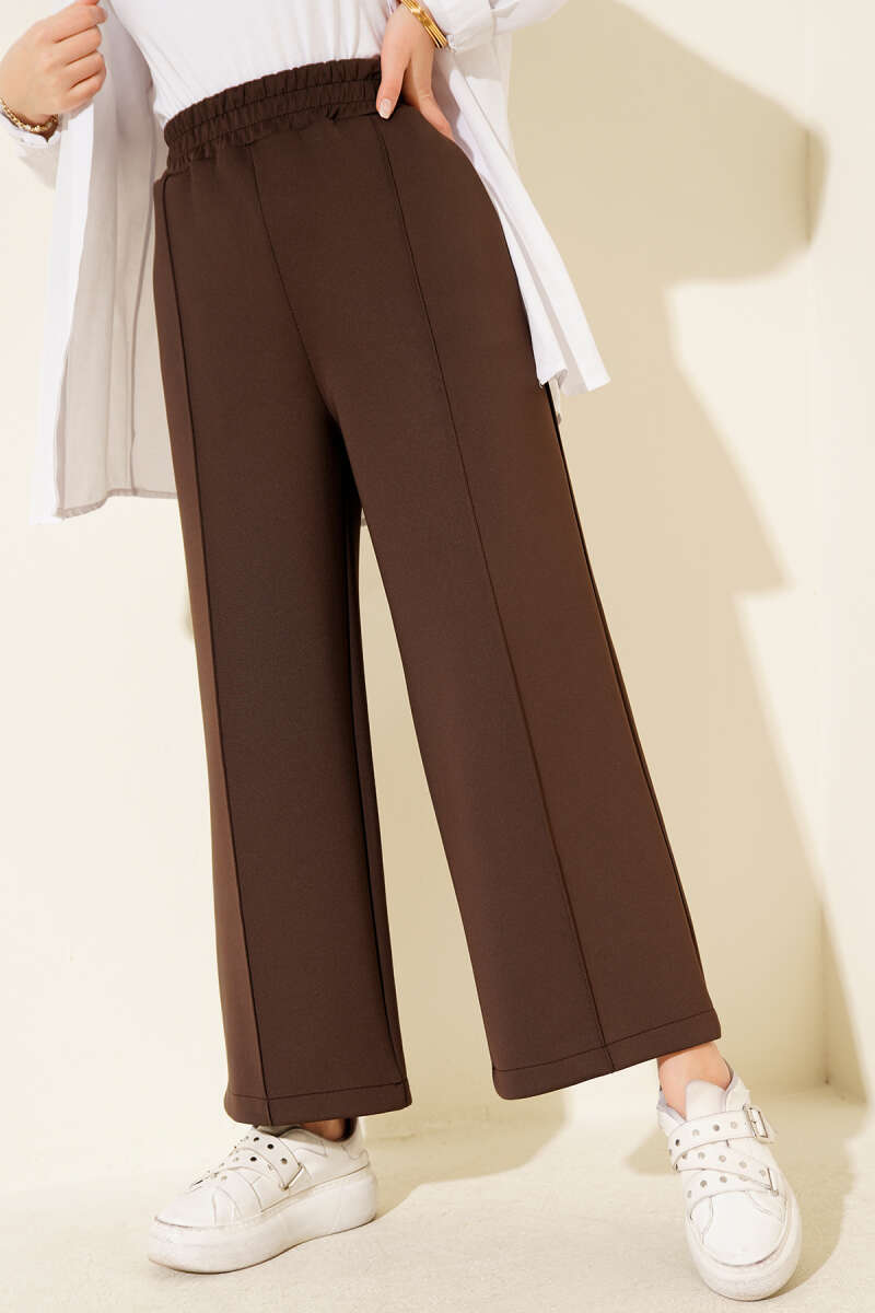 Wide Leg Scuba Trousers with Elastic Waistband Brown – Bild 2