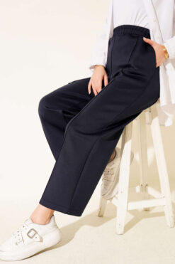 Wide Leg Scuba Trousers with Elastic Waistband Navy Blue