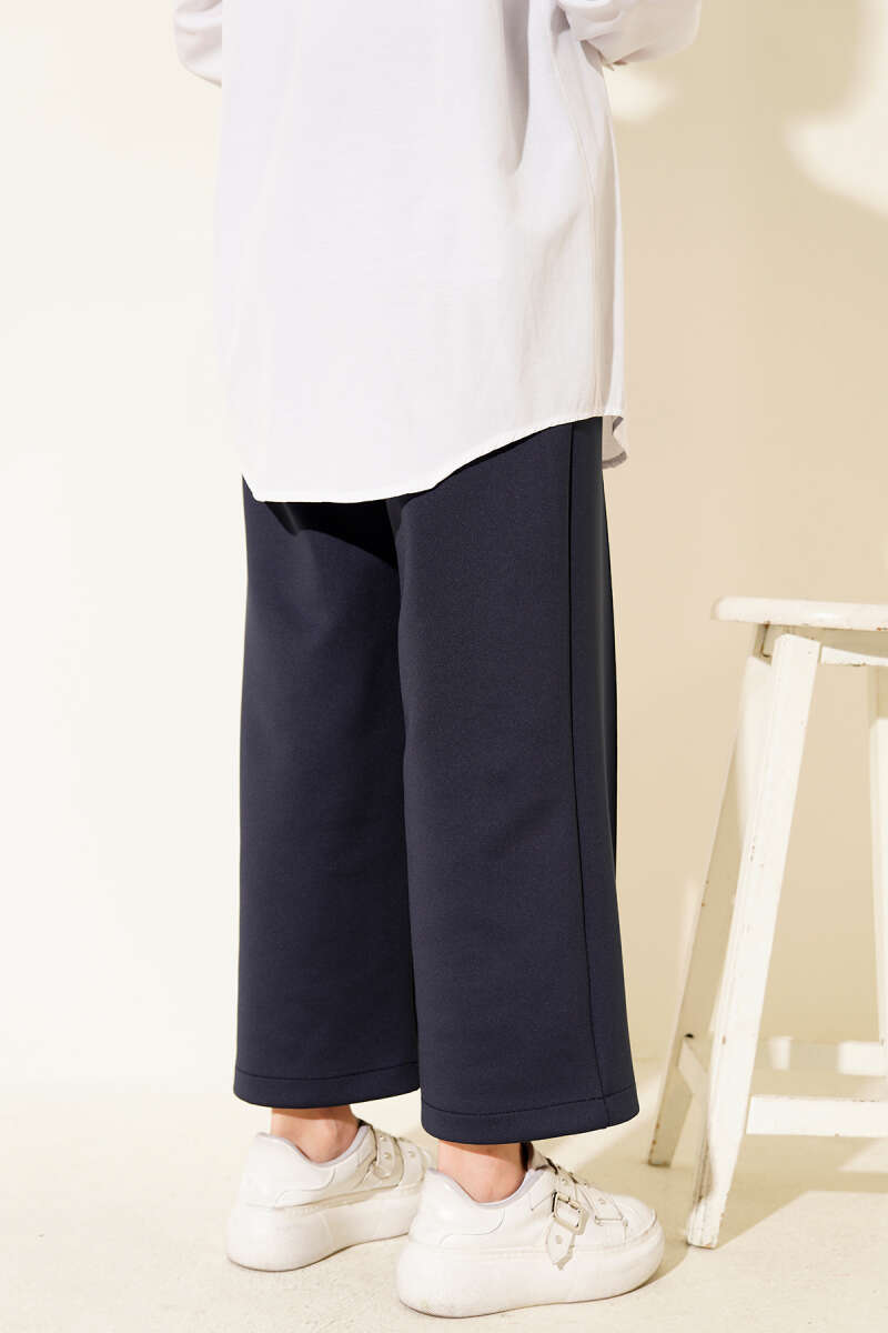 Wide Leg Scuba Trousers with Elastic Waistband Navy Blue – Bild 3