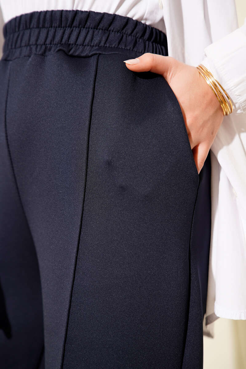 Wide Leg Scuba Trousers with Elastic Waistband Navy Blue – Bild 4