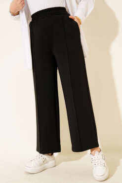 Wide Leg Scuba Trousers with Elastic Waistband Black
