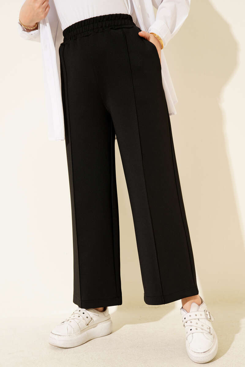 Wide Leg Scuba Trousers with Elastic Waistband Black