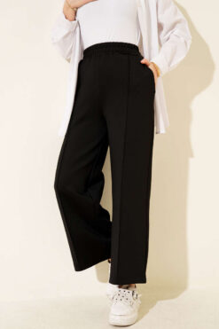 Alternative view of Wide Leg Scuba Trousers with Elastic Waistband Black