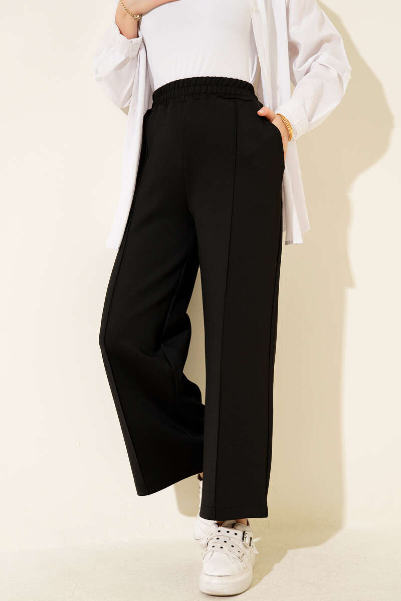 Wide Leg Scuba Trousers with Elastic Waistband Black – Bild 2