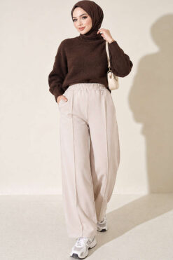 Alternative view of Wide Leg Scuba Trousers with Elastic Waistband Stone